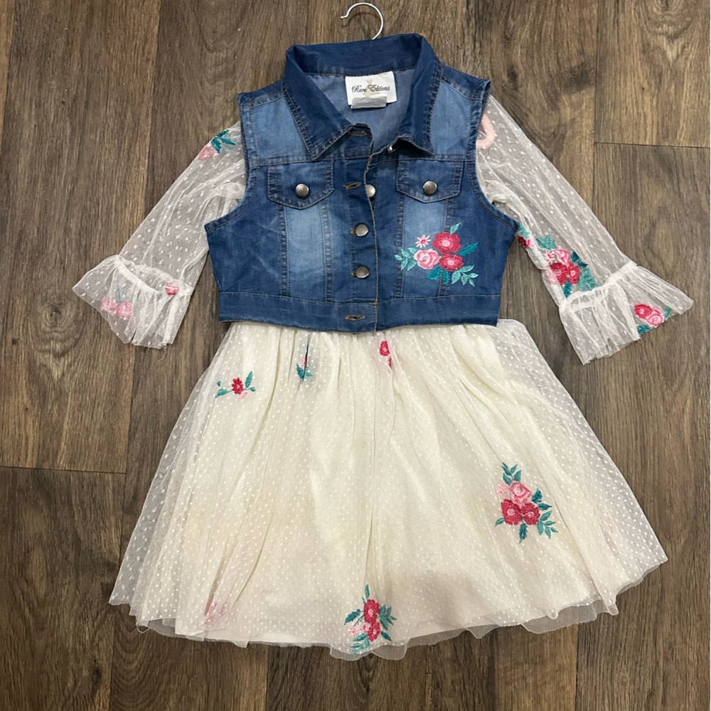 Gorgeous Rare Editions embroidered dress with denim Jacket for big girls